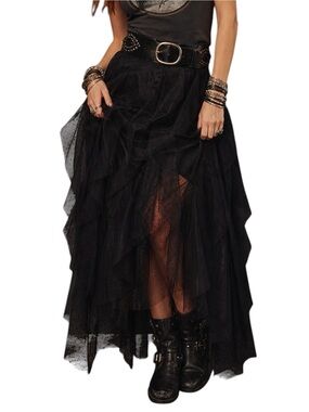 Blue B Collection Black Tulle Boho Romantic Tiered Sheer Long Maxi Skirt Large